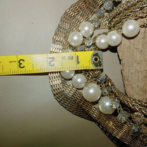 Statement Necklace Multi 8 Strand Glass Crystals Faux Pearls Gold Silver Chunky - Picture 11 of 15